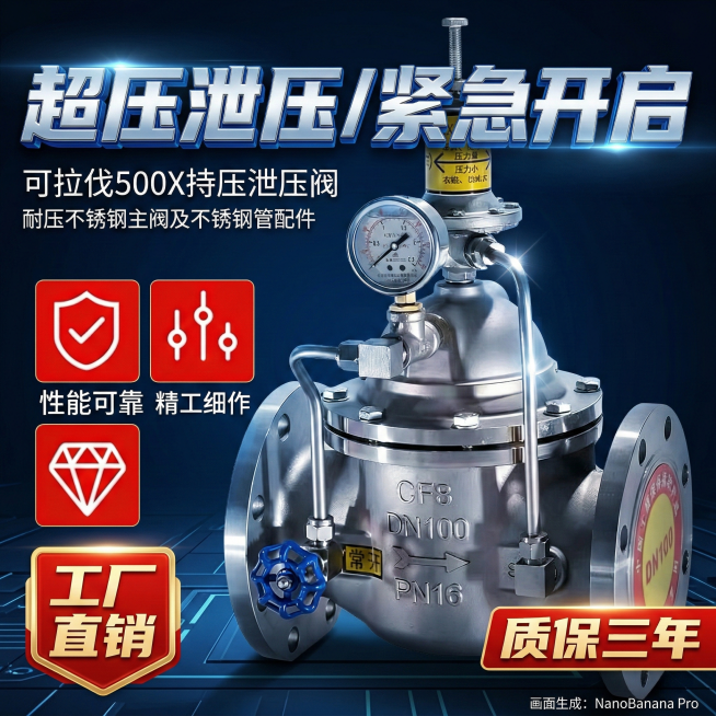 重新生成淘宝主图，采用更具冲击力的光影对比，突出可拉伐500X持压泄压阀的工业质感，主标题“超压泄压/紧急开启”用加粗立体字，添加“工厂直销 质保三年”的促销信息，背景用深蓝色科技感渐变，让画面3秒内预览效果