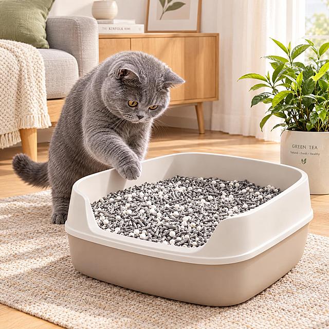 电商摄影风格，1:1正方形构图，猫砂产品场景图，室内北欧风格客厅角落，一只英短蓝猫正在猫砂盆边玩耍，猫砂盆中装满灰色条状混合白色颗粒的猫砂，颗粒质感清晰可见，旁边摆放着清新的绿茶植物，暖色调柔和光线，猫砂产品突出，质感细腻，高级商业摄影，干净简洁背景，2K高清