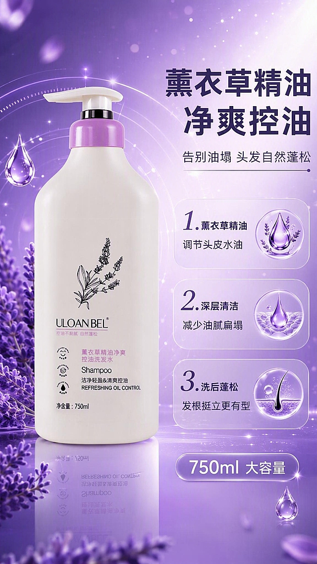 [商品] 使用【图2】薰衣草精油净爽控油洗发水单品图；保留白色按压泵瓶、紫色泵头、薰衣草植物线稿图案、ULOANBEL Logo及所有瓶身文字、750ml标识，产品结构比例材质完全不变。
[画面] 薰衣草控油款单品详情页，目标突出净爽控油卖点；产品居中偏左放大展示，占画面55%，右侧文字区；前景薰衣草花穗/精油液滴漂浮点缀，背景紫色系科技渐变+光粒子，前中后景分层明显；阅读动线从右上标题到右中卖点再到左侧产品。
[视觉] 套系策略：风格=高端科技感商业摄影+3D渲染质感；标题字=现代无衬线粗体中文；正文字=简洁无衬线体；主色=优雅紫渐变；背景延展=基于紫色做深浅层级、同色渐变、科技光粒子/柔焦光斑/细腻雾感质感；强调色=深紫+银白高光，仅用于图标、引线、标签和局部光效；标题色=深紫灰；正文色=中紫灰；组件=圆角半透明信息卡、细线引线、发光油滴图标；光影=右前侧柔光+背部紫色轮廓光，产品底部有柔和倒影。
[文字] 右上主标题"薰衣草精油 净爽控油"，副标题"告别油塌 头发自然蓬松"；右侧3条编号卖点：1.薰衣草精油 调节头皮水油 2.深层清洁 减少油腻扁塌 3.洗后蓬松 发根挺立更有型；底部标注"750ml 大容量"；所有文字横排，不遮挡产品主体和瓶身Logo。
[规格] 图片比例9:16竖版，2K分辨率，避免变形、错字、文字过小、产品颜色改变、瓶身文字错乱。