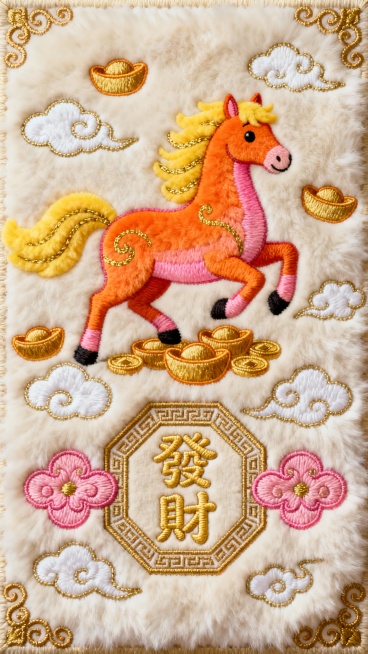 一张具有浓厚毛绒质感的刺绣风格图像，画面主体是一条色彩鲜艳的卡通风格骏马，马身采用明亮的橙色和粉色渐变，鬃毛和尾巴为柔软的黄色，点缀着金色的流线型装饰，马的姿态昂扬，仿佛正踏着金色的元宝向前奔腾。马的周围环绕着多个金色的元宝和白色的祥云图案，云朵边缘有精致的金色勾边。图像中央偏下位置有一个金色回纹边框的八角形区域，内部用圆润可爱的繁体金色字体绣着“發財”二字，字体饱满柔和，无书法笔触。八角形边……预览效果
