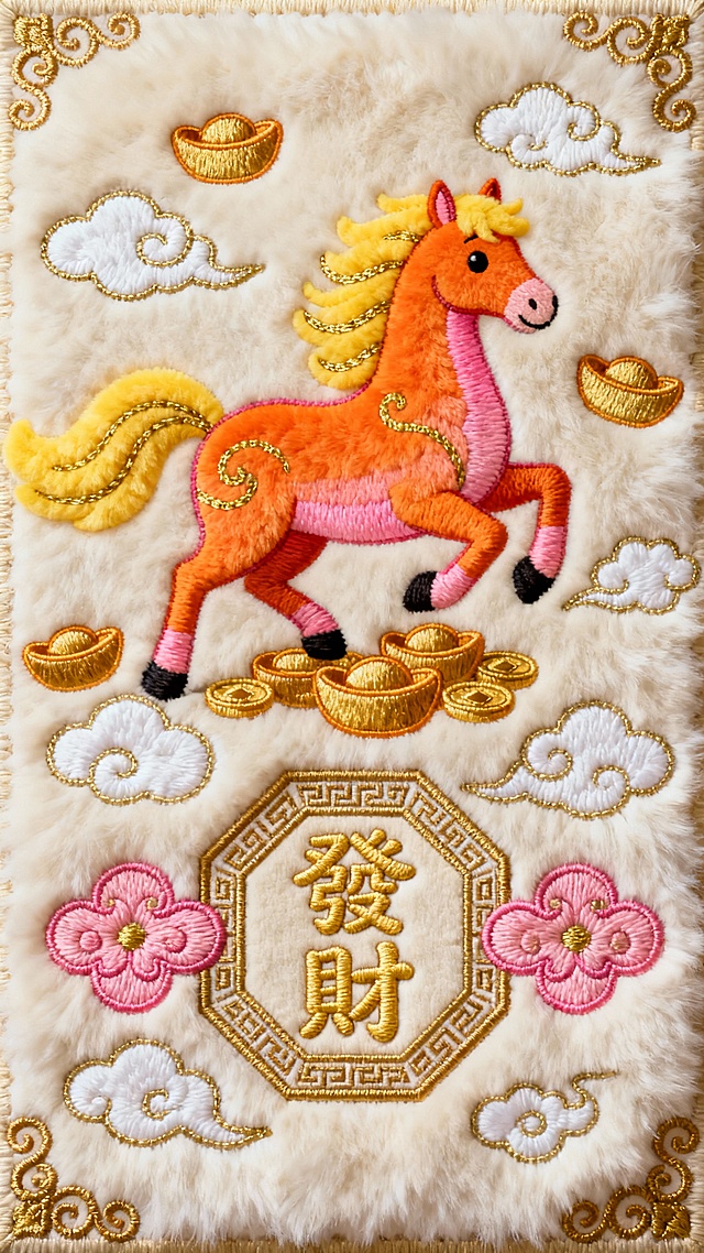 一张具有浓厚毛绒质感的刺绣风格图像，画面主体是一条色彩鲜艳的卡通风格骏马，马身采用明亮的橙色和粉色渐变，鬃毛和尾巴为柔软的黄色，点缀着金色的流线型装饰，马的姿态昂扬，仿佛正踏着金色的元宝向前奔腾。马的周围环绕着多个金色的元宝和白色的祥云图案，云朵边缘有精致的金色勾边。图像中央偏下位置有一个金色回纹边框的八角形区域，内部用圆润可爱的繁体金色字体绣着“發財”二字，字体饱满柔和，无书法笔触。八角形边框的左右两侧各有一朵对称的粉色祥云纹样，边缘同样有金色装饰。图像四角和边缘处点缀着金色的卷曲花纹，整体色彩以温暖的橙色、粉色、黄色、金色为主，背景为米白色的毛绒质地，营造出喜庆、吉祥、招财的氛围，所有元素都呈现出细腻的刺绣针脚质感，层次分明，充满立体感。
