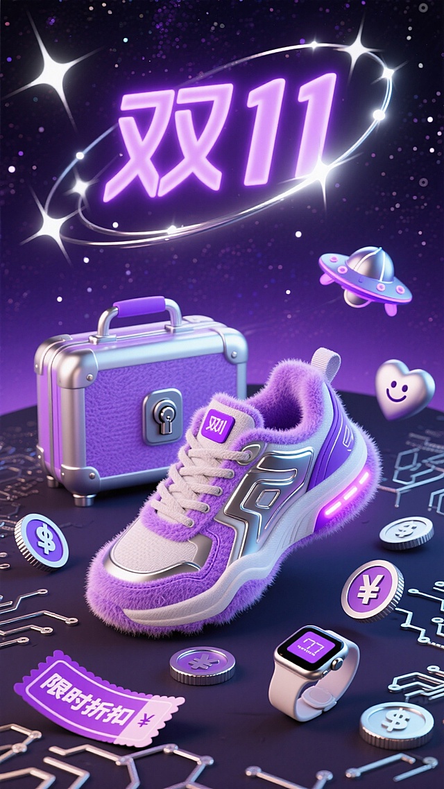 紫色系鞋、箱包等，结合太空元素，营造双 11 炫酷科幻的购物氛围。