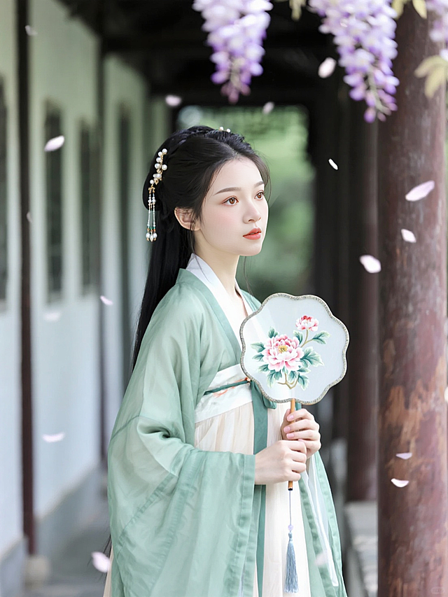 穿着水绿色襦裙的唐朝仕女，鬓边插珍珠步摇，手中团扇绘牡丹，廊下紫藤花飘落，工笔淡彩滤镜