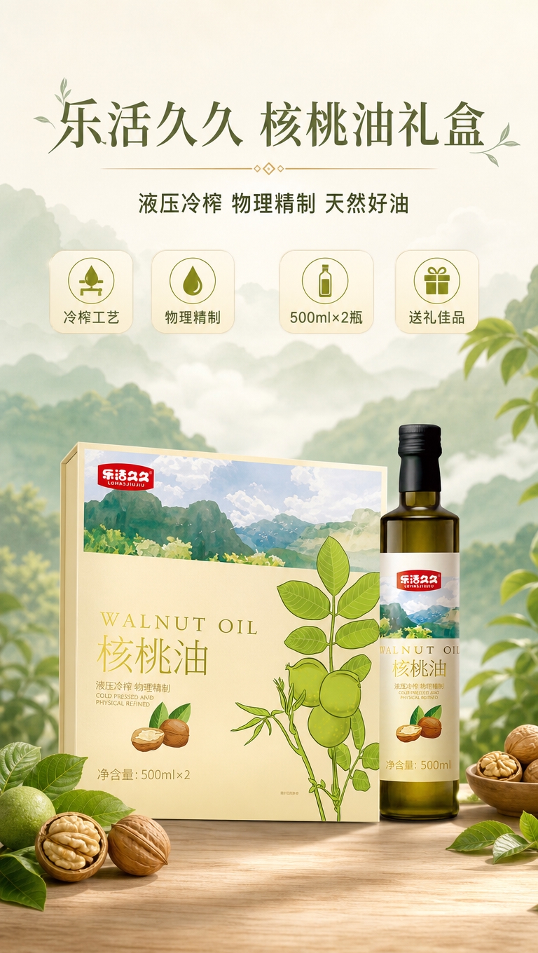 [商品] 使用【图1】乐活久久核桃油礼盒外包装 + 【图2】单… - 图片创意预览