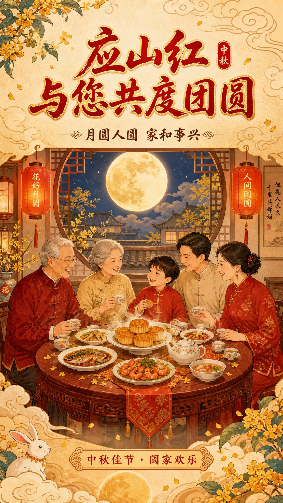 国风新中式工笔风格节日海报，竖版9:16。画面中央是一个温馨的… - 图片创意预览