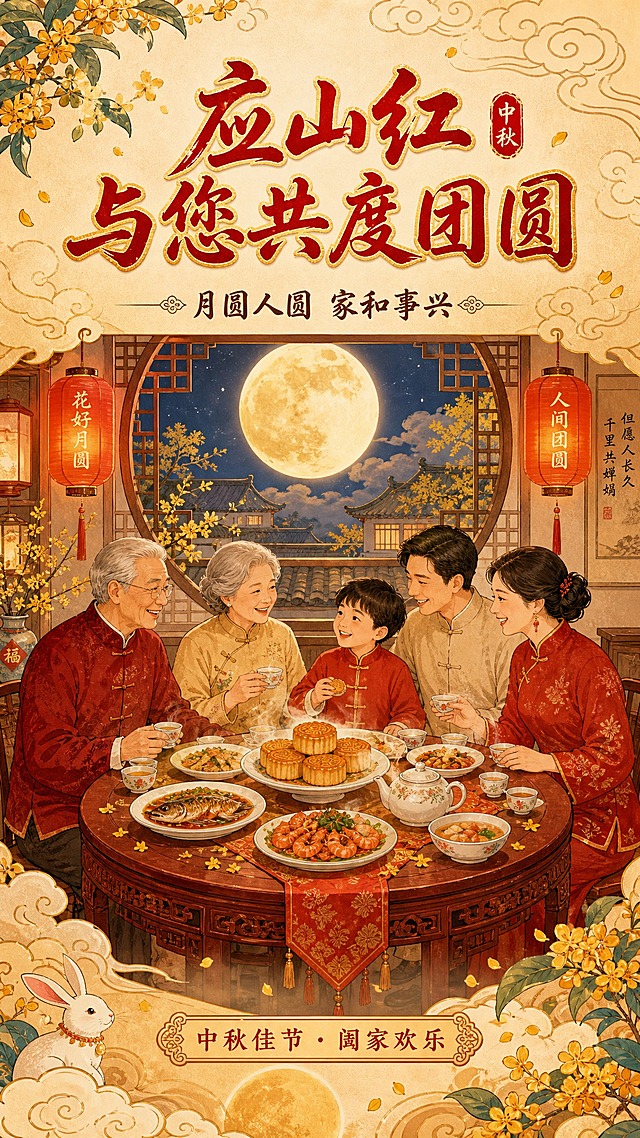 国风新中式工笔风格节日海报，竖版9:16。画面中央是一个温馨的中式客厅场景，一张圆形红木餐桌旁围坐着幸福的一家人——爷爷奶奶、爸爸妈妈和孩子，共五口人，面带笑容，其乐融融，桌上摆放着月饼、茶具和丰盛的团圆饭菜肴，热气腾腾。背景是一扇大窗，窗外悬挂着一轮皎洁的满月，月光洒入室内，窗旁挂着两盏红色灯笼，窗台上点缀着桂花枝。整体色调以暖金色、朱红色和米白色为主，温馨喜庆。画面上方居中位置是主标题大字"应山红与您共度团圆"，字体为书法风格，朱红色带金边；主标题下方是副标题"月圆人圆 家和事兴"，字体稍小，深棕色；画面底部有装饰小字"中秋佳节 · 阖家欢乐"。四周有祥云纹样和桂花花瓣点缀，版式精美，层次分明，留白舒适，氛围祥和温暖。画面中所有信息区域必须填充完整合理的内容，不得出现空白框或待填写区域。