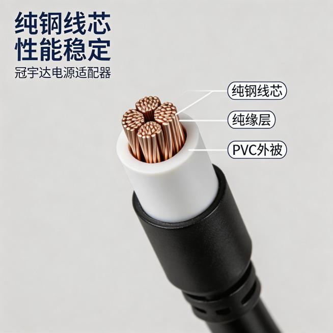 [主图] 冠宇达电源适配器 纯铜线芯材质展示
简约浅灰背景，特写展示电源线横截面，清晰呈现纯铜线芯、绝缘层、PVC外被三层结构，用细线标注各部分名称，主标题"纯铜线芯 性能稳定"放置在画面左上角蓝色字预览效果