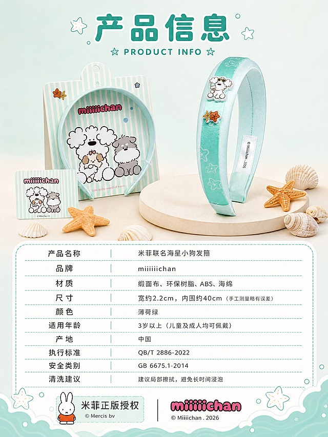 [详情页-8 产品信息] 米菲联名海星小狗发箍 产品信息参数页。
[氛围风格] 软萌复古童趣 治愈系IP文创 信息展示页 清新规整；
[画质] 商业设计质感、信息清晰易读、画面干净清新。
[元素] 画面采用上下布局。上半部分：产品静物展示，薄荷绿海星小狗发箍放在奶白色展示台上，旁边放着米菲联名品牌包装盒（薄荷绿条纹设计，印有miiiiichan小狗图案）和品牌卡片，周围有小海星、贝壳等海滩装饰。下半部分：产品参数信息表，包含产品名称、品牌、材质、尺寸、颜色、产地等信息。背景为薄荷绿+奶白色渐变，底部有手绘风格的海浪线条装饰。**保持发箍产品外观（薄荷绿宽边设计、小狗贴片、海星贴片、颜色）与输入产品图保持绝对一致，杜绝任何变形和色差，精细化处理**。画面满屏无边框。
[光影] 顶部柔光均匀打亮产品和包装；整体光影明亮清新，突出产品质感。
[配色] 主色薄荷绿+奶白（背景）；辅色薄荷绿+白色（产品+包装）；点缀色橙黄（海星+装饰）。
[视角构图] 竖版3:4比例 上下布局；上方产品展示占50%，下方参数信息占50%；阅读动线从上到下。
[文字版式] 顶部主标题「产品信息」大号粗体薄荷绿色字，下方小号英文「PRODUCT INFO」；参数表采用两列布局，左列参数名，右列参数值；表格线条为薄荷绿色，文字为深灰色；底部有「米菲正版授权」标识和品牌logo。文字为清晰易读的圆润字体。
[输出要求] 3:4比例（竖版），文字清晰锐利，画面超高清设计质感。
[负向提示词] 变形，文字错乱，产品图模糊，背景杂乱，水印，电商平台Logo。