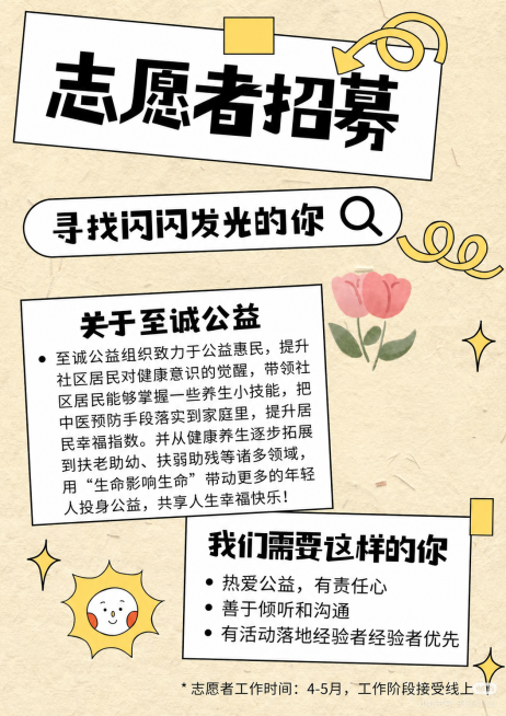 修改这张志愿者招募海报：将左侧“关于创造性艺术节”框里的所有文字替换成新内容“关于至诚公益，至诚公益组织致力于公益惠民，提升社区居民对健康意识的觉醒，带领社区居民能够掌握一些养生小技能，把中医预防手段预览效果