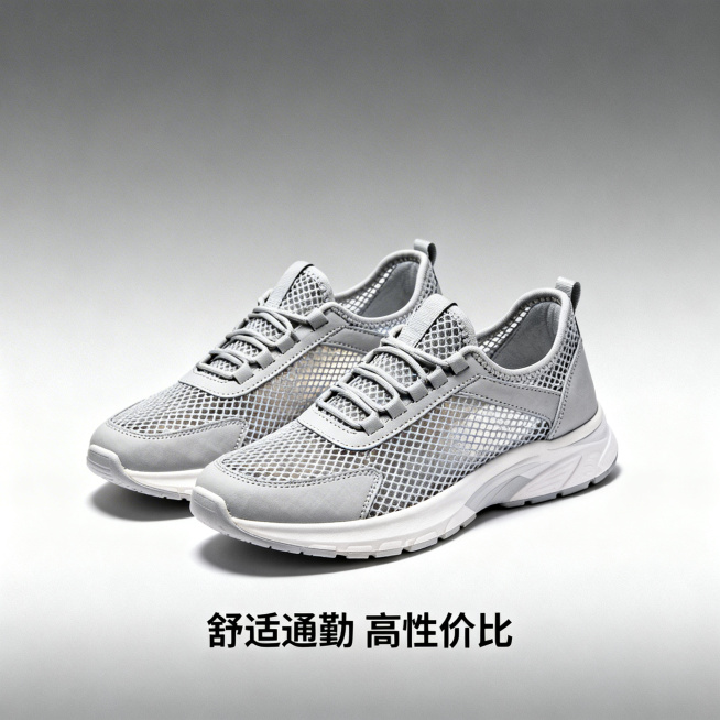 运动休闲鞋宣传图，简约实用风格，灰色渐变背景，网面透气休闲鞋，做工精细，走线工整，突出穿着舒适度与高性价比，适合日常通勤使用预览效果