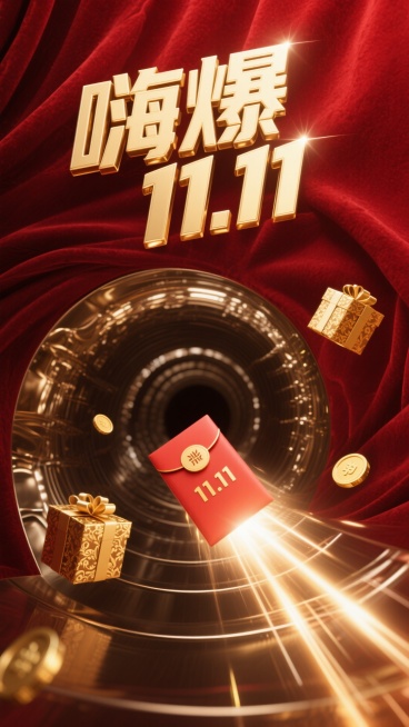 8K 超高清画质，如电影级商业广告画面般精致，摄影级别的专业呈现。画面以浓郁的红色作为背景主色调，仿佛是红丝绒质地，散发着奢华且热烈的光泽。醒目的标题 “嗨爆 11.11” 以立体金色大字呈现，字体边预览效果