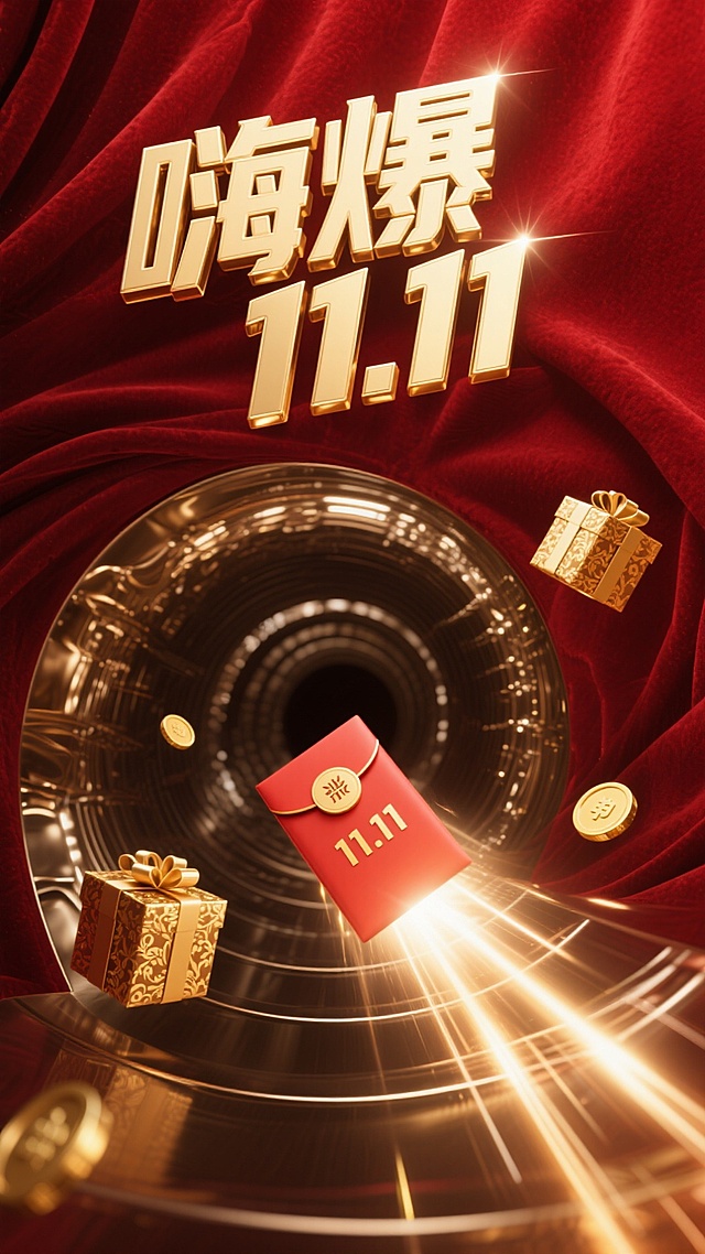 8K 超高清画质，如电影级商业广告画面般精致，摄影级别的专业呈现。画面以浓郁的红色作为背景主色调，仿佛是红丝绒质地，散发着奢华且热烈的光泽。醒目的标题 “嗨爆 11.11” 以立体金色大字呈现，字体边缘闪烁着光芒，极具视觉冲击力。红包如流星般从螺旋通道高速飞出，红包表面清晰印着 “11.11”，通过细腻的光影刻画，高光部分闪耀着金属质感，暗部则深邃神秘，凸显红包的立体感与动感。螺旋通道向远处的消失点延伸，通道内壁有着金属的光泽和纹理，营造出强烈的空间纵深感。通道内部有几个礼盒与金币不规则地漂浮着，礼盒包装精致，金色的花纹与红包相呼应，金币反射出耀眼的光芒，增添画面的华丽感。整体画面通过巧妙的光影运用，着重突出红包的主体地位，同时营造出神秘深邃的氛围。