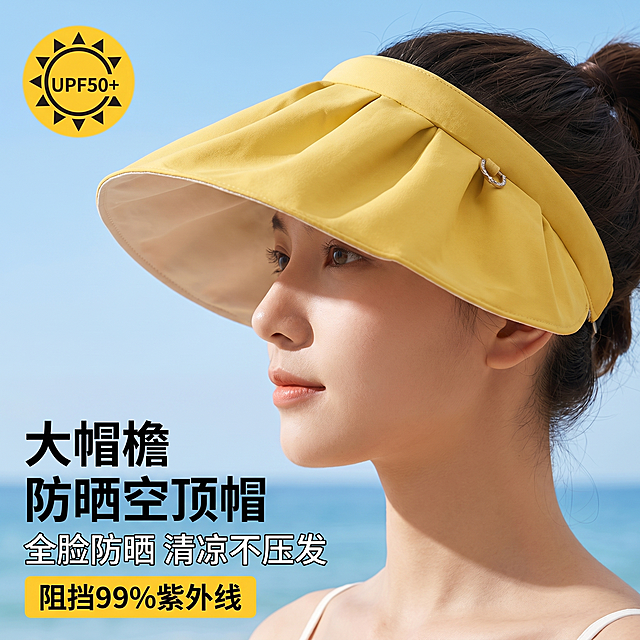 [主图 1] 防晒空顶帽模特佩戴效果首图
[氛围风格] 清新夏日户外风，明亮通透
[画质] 商业摄影质感、光线自然通透、产品清晰真实、画面干净高级
[元素] 年轻女模特佩戴黄色折叠防晒空顶帽在户外海边场景，保持帽子的外观结构、颜色材质和第一张输入产品图完全一致，杜绝变形色差。背景为纯净渐变浅蓝色天空，自然明亮。左上角放置UPF50+圆形防晒认证标，商品主体模特完整展示，商品主体占比约70%，画面满屏无边框
[光影] 自然夏日户外光线，明亮柔和，突出帽子材质肌理，整体通透干净
[配色] 背景浅蓝天空，搭配帽子姜黄色，整体清新夏日感，色彩对比舒适
[视角构图] 模特侧颜平视，产品展示清晰，主体突出轮廓完整不裁切
[文字版式] 左下负空间左对齐：主标题 "大帽檐 防晒空顶帽"，白色加粗最大号无衬线字体，副标题 "全脸防晒 清凉不压发"，约一半字号白色半透明描边。底部黄色色块左对齐："阻挡99%紫外线"，白色粗体字，清晰不遮挡主体
[比例分辨率] 1:1比例，2k分辨率，超高清文字清晰
[负向提示词] 变形，水印，文字错乱，产品模糊，背景杂乱