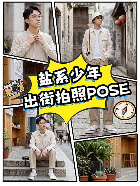 小红书拼图封面配图漫画多格分镜拼贴盐系男生街拍姿势教程