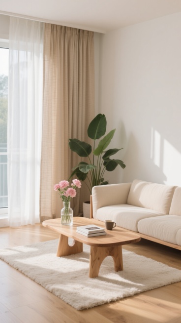 明亮通透的北欧风格室内场景，柔和的自然光透过双层窗帘（内层白色纱帘、外层米色亚麻遮光帘）洒满整个空间，温暖的木质地板搭配浅色毛绒地毯，靠窗摆放简约米色布艺沙发，沙发旁设有造型独特的原木茶几，上置几本书籍、咖啡杯和插有粉色花朵的透明玻璃花瓶，角落处有一盆大型绿植增添生机，整体色调以米白、浅木色为主，营造出宁静舒适、自然清新的居家氛围，光影层次丰富，细节质感细腻。预览效果