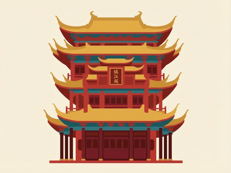 简化画面，将整体风格调整得更加简约扁平化，保持矢量卡通插图风格，保留蓝绿色房梁、深色门窗柱子、红色结构和金色屋顶预览效果