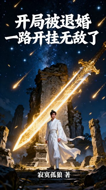 中国古典玄幻风格小说封面，一位白衣飘飘的年轻男子，气质冷峻超然，背景是漫天星河与古老的剑冢遗迹，剑光如虹，深蓝黑色夜空背景，金光剑意四溢，史诗级别，电影海报质感，上方标注小说名"开局被退婚一路开挂无敌预览效果