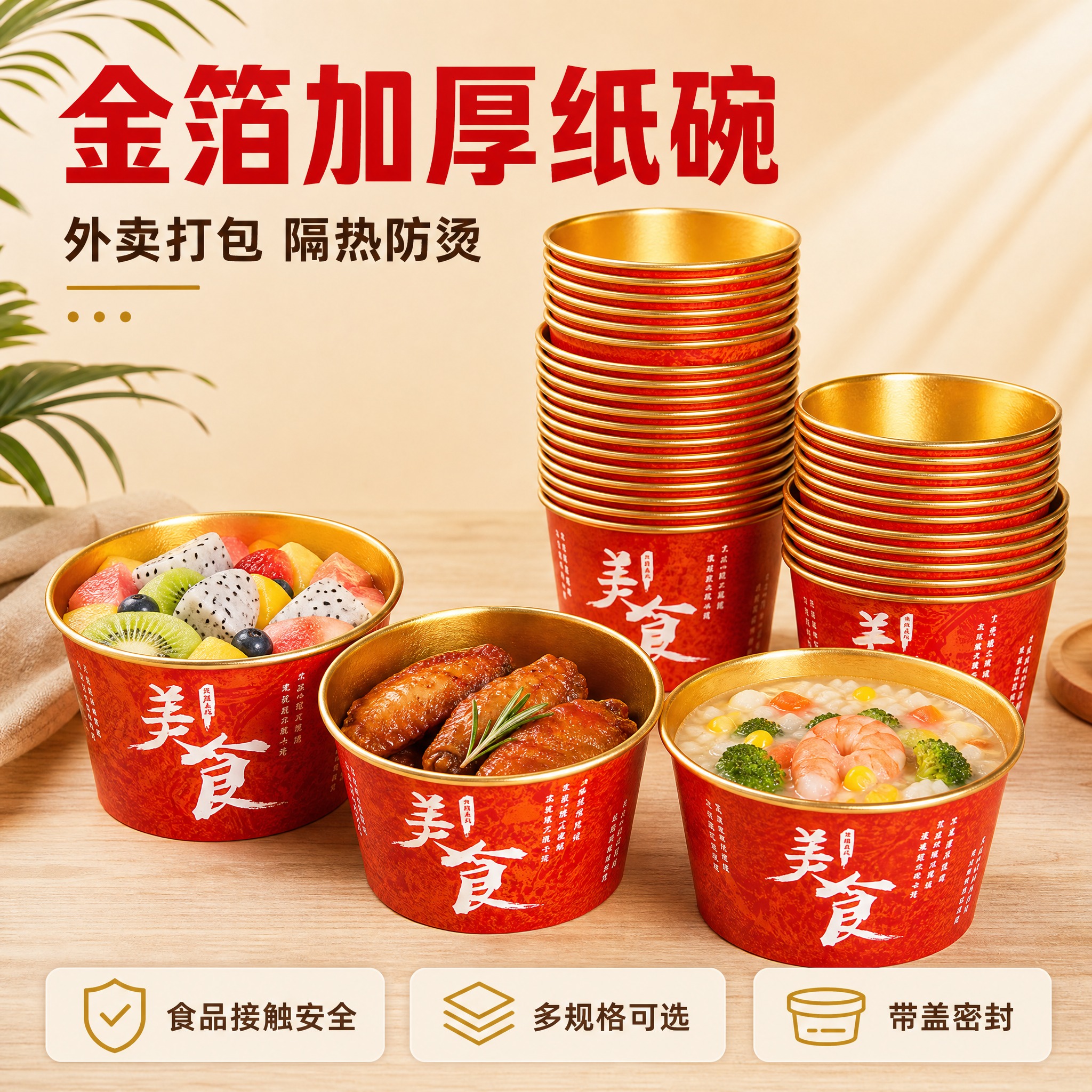 [主图-1] 金箔纸碗一次性外卖打包碗首图，突出产品识别与购买… - 图片创意预览