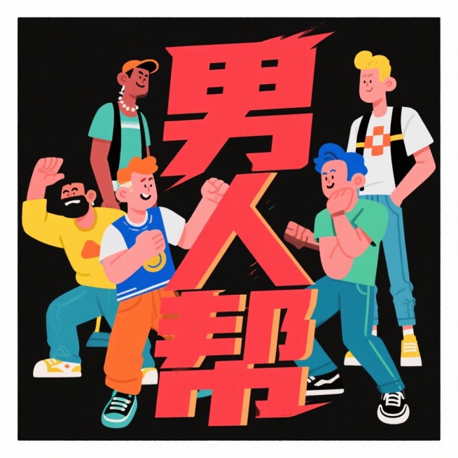帮我设计几个群头像，头像主体文字为男人帮，主体色调为红色，要求很突出和显眼，可以加入5个男人的描绘预览效果