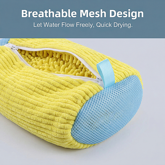 Based on the original product image, keep the yellow shoe washing bag appearance 100% unchanged. Close-up shows the breathable blue mesh design on both ends, highlight the ventilation feature. Light gray background, title "Breathable Mesh Design" at top, text "Let Water Flow Freely, Quick Drying" below, bold sans-serif English font, slice effect layout, product not cut, full screen background, keep original product shape and color, European and American cross-border style.