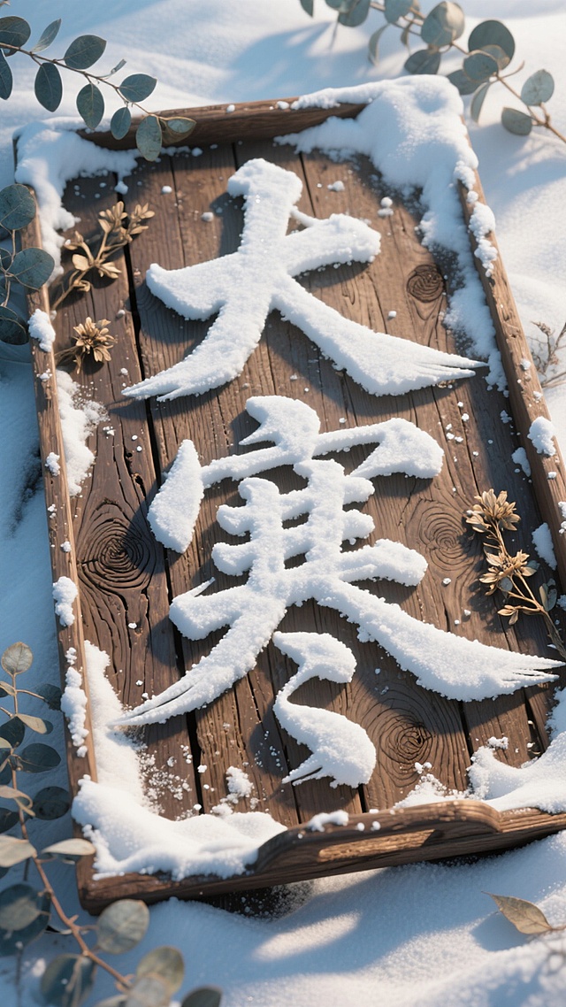 俯视视角，旧木托盘面堆 “大寒” 积雪毛笔字（雪带木纹凹痕，露木结，边缘压干花印），点缀干尤加利叶，配色旧木棕 + 银白，复古静谧