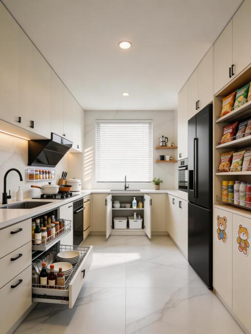 超写实室内空间商业摄影，超清高细节，广角平视居中对称构图，完整呈现现代简约奶油风U型封闭式厨房，画面焦点清晰，景深自然，真实还原家居实景质感。整体空间以哑光奶白色为主色调，搭配鱼肚白连纹岩板地面与墙面预览效果