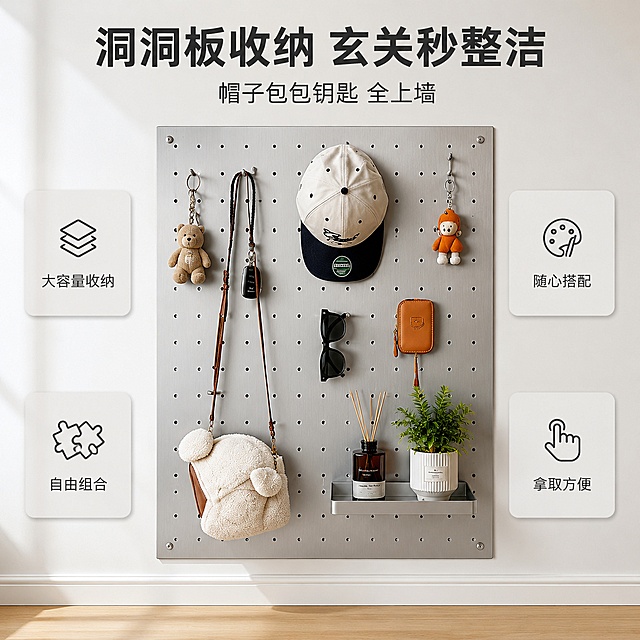 [主图-2] 金属洞洞板自由DIY组合与大容量收纳展示（螺丝安装款）。
[氛围风格] 现代简约ins风，秩序井然，高效收纳感，干净整洁。
[画质] 商业摄影质感、光线均匀明亮、产品清晰真实、细节丰富。
[元素] 白色墙面上安装着金属洞洞板，通过大螺丝固定，银灰色拉丝金属质感，板面圆孔均匀排列。板面上整齐挂着各种日常用品，展示收纳能力和自由组合：左侧挂着一个毛绒包包和钥匙挂件，中间挂着棒球帽和墨镜，右侧挂着小皮夹和装饰小物，还有一个小型置物架摆放着香薰和绿植小盆栽。板面四角可见螺丝固定点。配件布局错落有致，分类清晰。洞洞板下方是浅色木地板和白色踢脚线。保持金属洞洞板外观与输入产品图一致，杜绝变形和色差。洞洞板占画面约65%，背景为白色墙面。
[光影] 正面柔光为主，侧面自然光补光，金属表面有均匀柔和的拉丝反光，每个配件都有清晰轮廓和自然阴影，整体明亮通透。
[配色] 主色银灰金属色；辅色白色墙面、木色地板、米色包包、绿色植物点缀；文字用深灰与暖橙色强调。
[视角构图] 正面平视，洞洞板居中，收纳配件丰富但有序，视觉焦点在中间区域。
[文字版式] 顶部居中大标题"洞洞板收纳 玄关秒整洁"，深灰色粗体无衬线最大号，标题下方小字副标题"帽子包包钥匙 全上墙"。画面左右两侧各有两个圆角信息卡，左侧上卡"大容量收纳"配堆叠图标，左侧下卡"自由组合"配拼图图标；右侧上卡"随心搭配"配调色板图标，右侧下卡"拿取方便"配手指图标。信息卡为浅灰色底深灰字，圆角设计，不遮挡主体产品。
[输出要求] 1:1比例，2048x2048，文字清晰锐利，超高清商业摄影质感。
[负向提示词] 变形，文字错乱，产品图模糊，背景杂乱，水印，电商平台Logo，多余的手，畸形手。