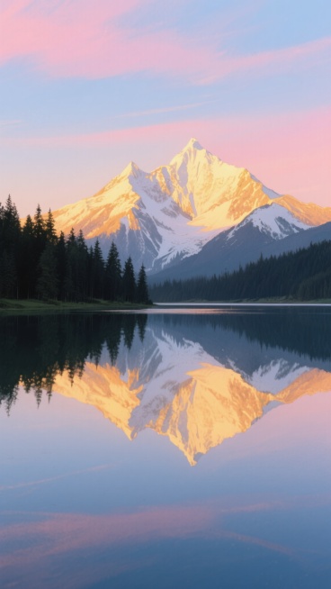 壮丽雪山在夕阳余晖下闪耀着金色光芒，倒映在如镜的湖面上，周围环绕着深邃的森林，天空呈现出渐变的蓝粉色彩，营造出宁静而壮美的自然景观。预览效果