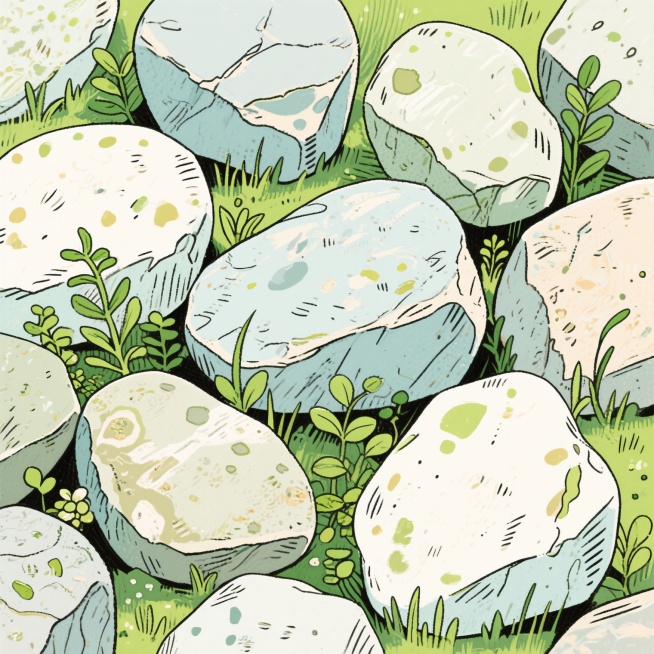 一系列手绘风格的石头和植物组合插画，采用粗线条勾勒轮廓，色彩明快清新，石头呈现出不同的形状和大小，表面有自然的纹理和斑驳的光影，搭配各种绿色的小草和低矮植物，整体画面充满生机与自然气息，具有手绘插画的独特质感和艺术表现力。预览效果