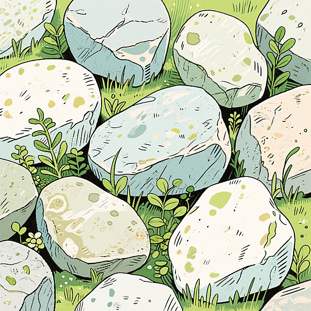 一系列手绘风格的石头和植物组合插画，采用粗线条勾勒轮廓，色彩明快清新，石头呈现出不同的形状和大小，表面有自然的纹理和斑驳的光影，搭配各种绿色的小草和低矮植物，整体画面充满生机与自然气息，具有手绘插画的独特质感和艺术表现力。