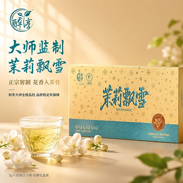 [主图-1] 茉莉飘雪轻奢礼盒首图 大师监制品质背书。
[氛围风格] 新中式轻奢雅致风，高端茶叶礼盒商业摄影质感，画面干净高级，传递专业靠谱的品质感。
[画质] 超高清商业摄影质感，光线柔和通透，产品清晰真实，细节锐利，礼盒表面雪花纹理与压纹质感分明。
[元素] 茉莉飘雪香槟金雪花纹礼盒居中偏右摆放，呈45°斜侧视角，礼盒正面完整展示。礼盒前方散落3-5朵新鲜洁白茉莉花，花瓣饱满，旁边放置一只透明玻璃茶杯，杯中冲泡好的茉莉茶汤清澈透亮，淡黄嫩绿，杯口有淡淡热气升腾，杯壁有细微水珠。背景为浅米色渐变，左上角有柔和的中式窗格光影投射，右下角隐约可见几片嫩绿茶叶。左上角放置从产品图提取的「醉淳」品牌Logo，保持原字形与配色。**保持礼盒外观（即物理结构、材质质感、颜色、雪花纹理、蓝色书法字、回纹压纹、圆形印章）与输入产品图绝对一致，杜绝任何变形和色差，精细化处理**。商品主体占比约65%，画面满屏无边框。
[光影] 自然暖阳侧逆光为主光，从左上45°方向照射，礼盒边缘形成金色轮廓光，表面有柔和高光凸显质感；右侧补光柔和，暗部有细节不发黑；整体光比舒适，通透不灰蒙，有高级感。
[配色] 主色调香槟金、米白；辅助色湖蓝、茉莉白、茶汤嫩绿。
[视角构图] 平视微俯视角，礼盒为视觉中心；前中后景分层，景深中等，背景虚化突出主体。
[文字版式] 左侧负空间左对齐留安全边距，三行主辅文案不压礼盒。主标题大字「大师监制 茉莉飘雪」，湖蓝色粗体书法风格，字号最大；副标题「正宗窨制 花香入茶骨」，深金色宋体，字号约为标题的1/2；下方辅助文案「制茶大师全程品控 品质稳定有保障」，黑色细黑体，字号更小。底部有一行小字「5g×20独立小袋 轻奢礼盒装」，灰色细体。文字清晰可读，无遮挡主体。
[输出要求] 1:1比例，文字清晰锐利，超高清商业摄影质感。
[负向提示词] 变形，文字错乱，产品图模糊，背景杂乱，水印，电商平台Logo，多余的手，畸形手，人物面部扭曲。