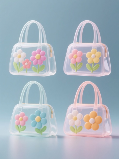 四个规整排布的透明手提包，保持3D立体风格，每个包包造型简约现代，分别装饰不同颜色和形态的花朵元素，采用纯色背景，无任何文字、logo和水印，整体色彩明快柔和，光影效果清晰，突出包包的透明质感和花朵的立体感。预览效果