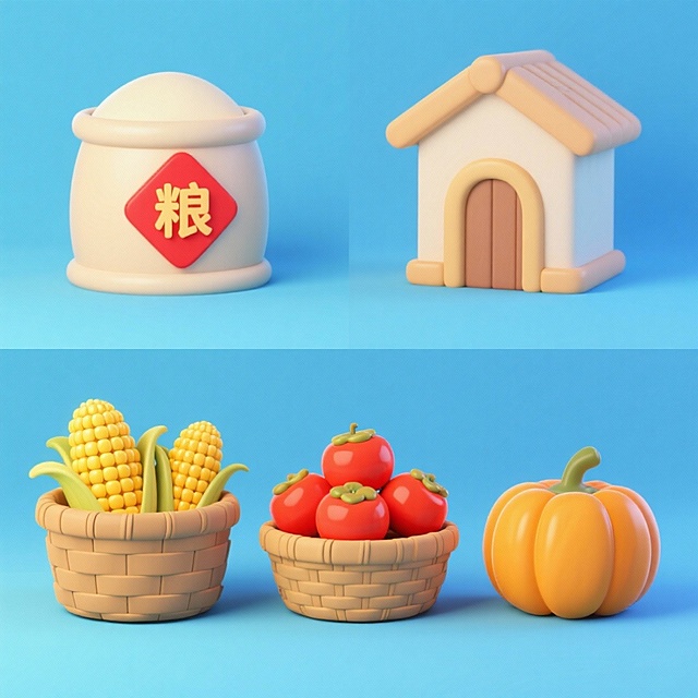 4个中秋素材组合，可爱电商促销感。素材包括：第一个粮仓（贴着带有 “粮” 字的红色菱形福字）；第二个一筐玉米；第三个一筐柿子；第四个南瓜。画面整体呈现鲜艳效果，淡蓝色背景。上下两行，排列整齐