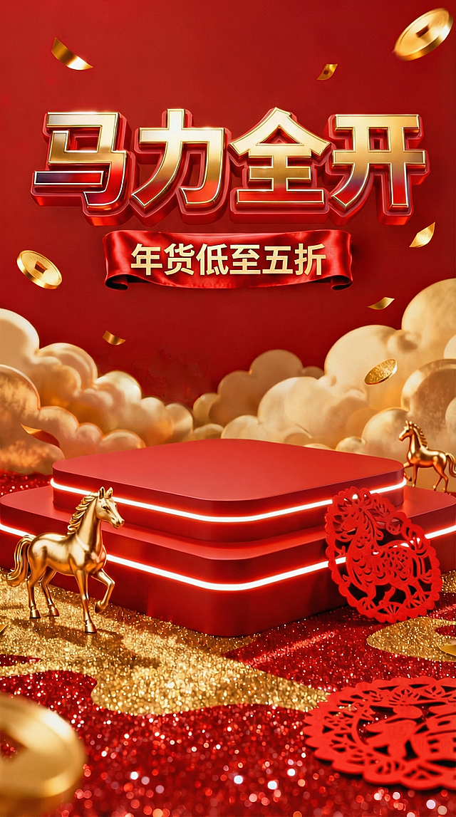 3D立体大字搭配鎏金马与剪纸元素，红金配色尽显国潮奢华，喜庆氛围中融合促销信息，彰显春节年货狂欢。