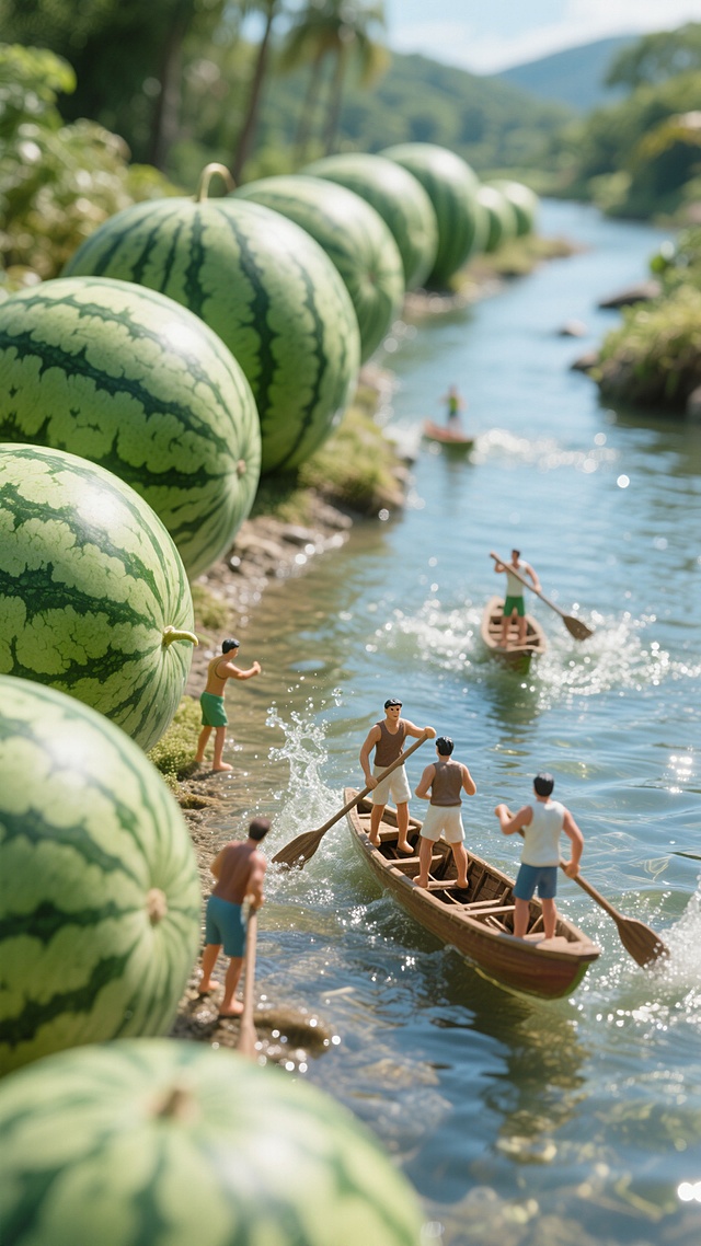 巴西风情，一条清澈的河，河岸是巨大的西瓜，河里有几个人在划船
