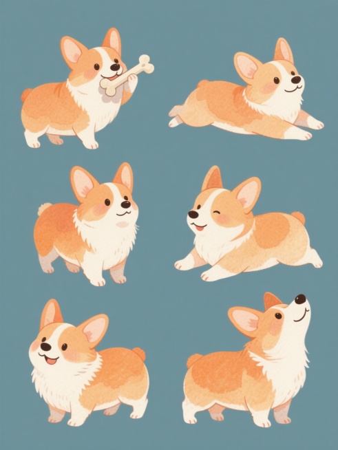 一系列6个同元素、同配色但完全不同造型与角度的水彩风格柯基犬插画，保持原有的圆润可爱造型和温暖治愈氛围，以纯色背景规整排布，每只柯基的动作各异，包含摇尾巴、叼骨头、伸懒腰、歪头等动态，整体色彩统一，延续柔和的橙色与白色毛发渐变，细腻的水彩笔触质感，明亮的光影效果，生动展现柯基的萌趣姿态，形成风格统一且富有变化的系列素材集合。预览效果