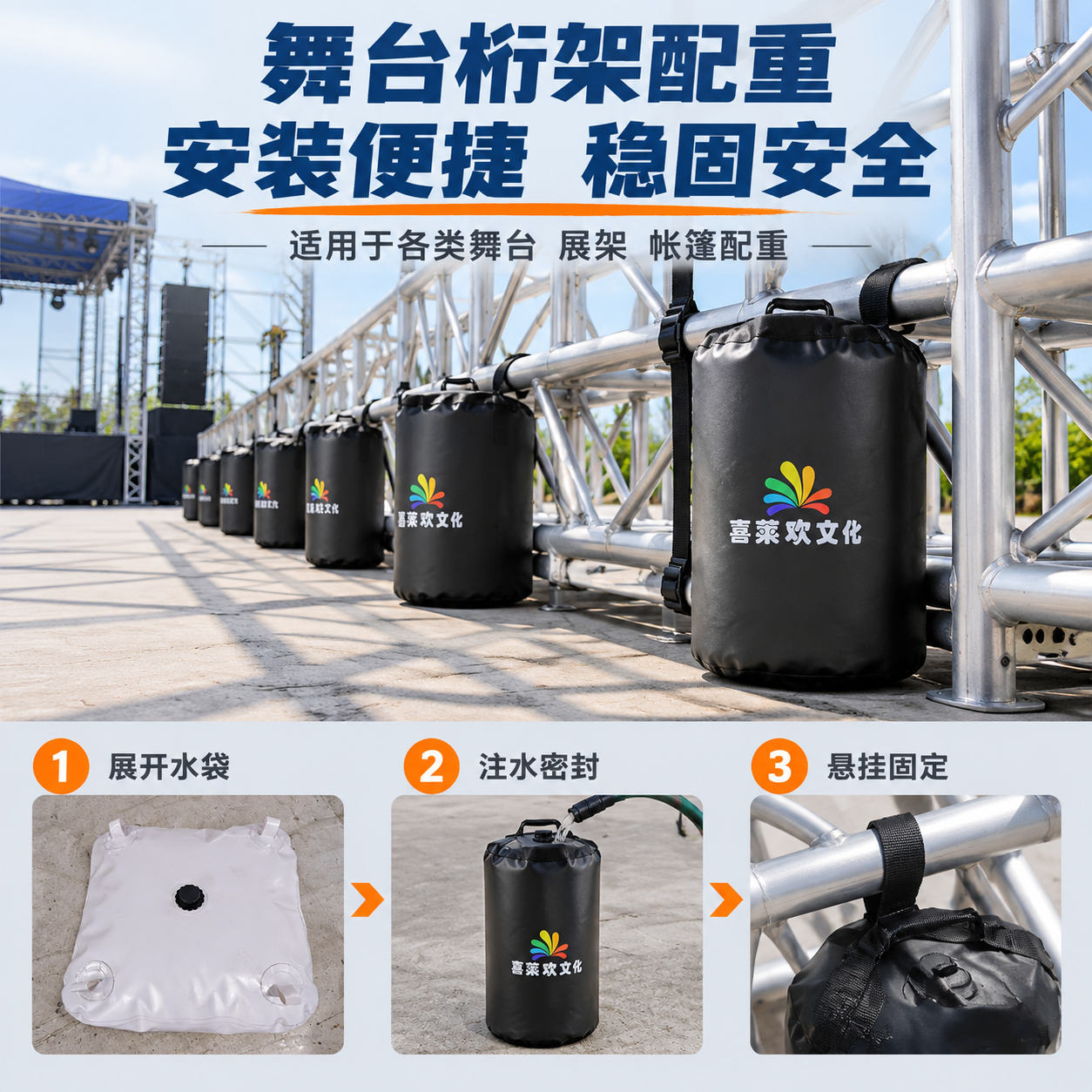 [主图-4] 使用场景与安装示意图，主题为舞台桁架配重实际应用… - 图片创意预览