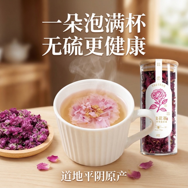 抖店电商主图，平阴花冠玫瑰产品，重点展示冲泡效果：画面中央是盛放着整朵玫瑰的白瓷茶杯，茶汤清澈呈淡金色，旁边摆放玻璃罐产品和干玫瑰花，上方大字标注'一朵泡满杯 无硫更健康'，下方配'道地平阴原产'字样预览效果