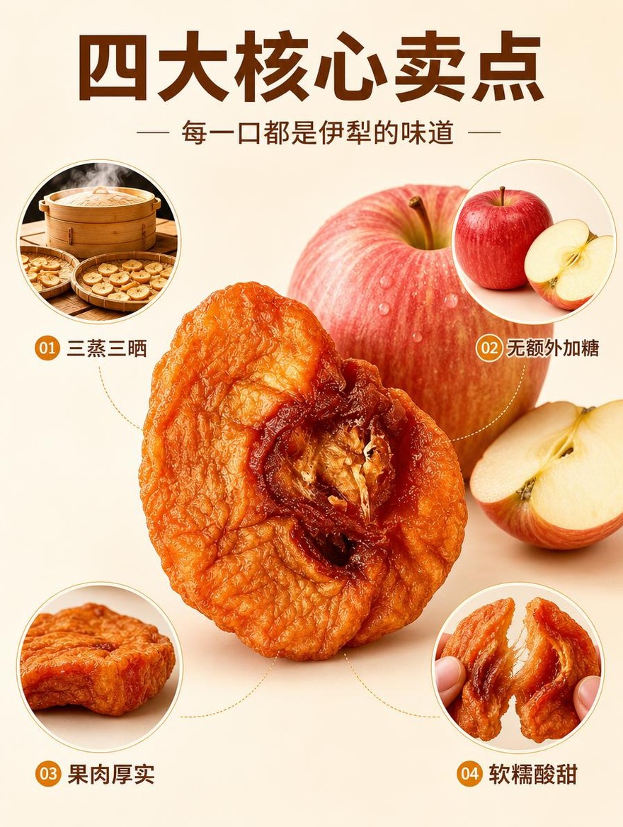 [商品] 使用【图1】伊犁三蒸三晒红富士苹果干；保留大片厚肉形… - 图片创意预览
