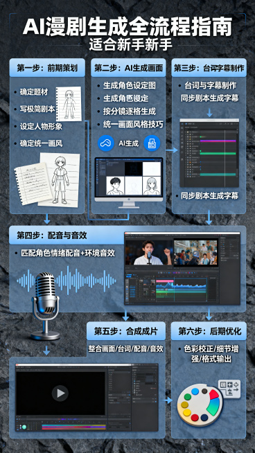 AI漫剧生成流程图信息图，包含从前期策划到成片的完整六个步骤，图文排版清晰，适合新手阅读，步骤包括：一前期策划确定题材、写极简剧本、设定人物形象、确定统一画风；二AI生成画面生成角色设定图、按分镜逐格预览效果