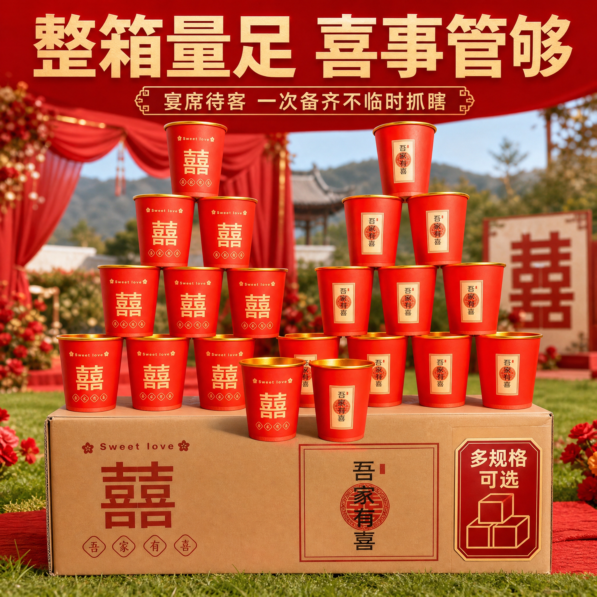 拼多多主图5，正红色加厚金箔一次性纸杯双款组合装（红色喜字款+… - 图片创意预览