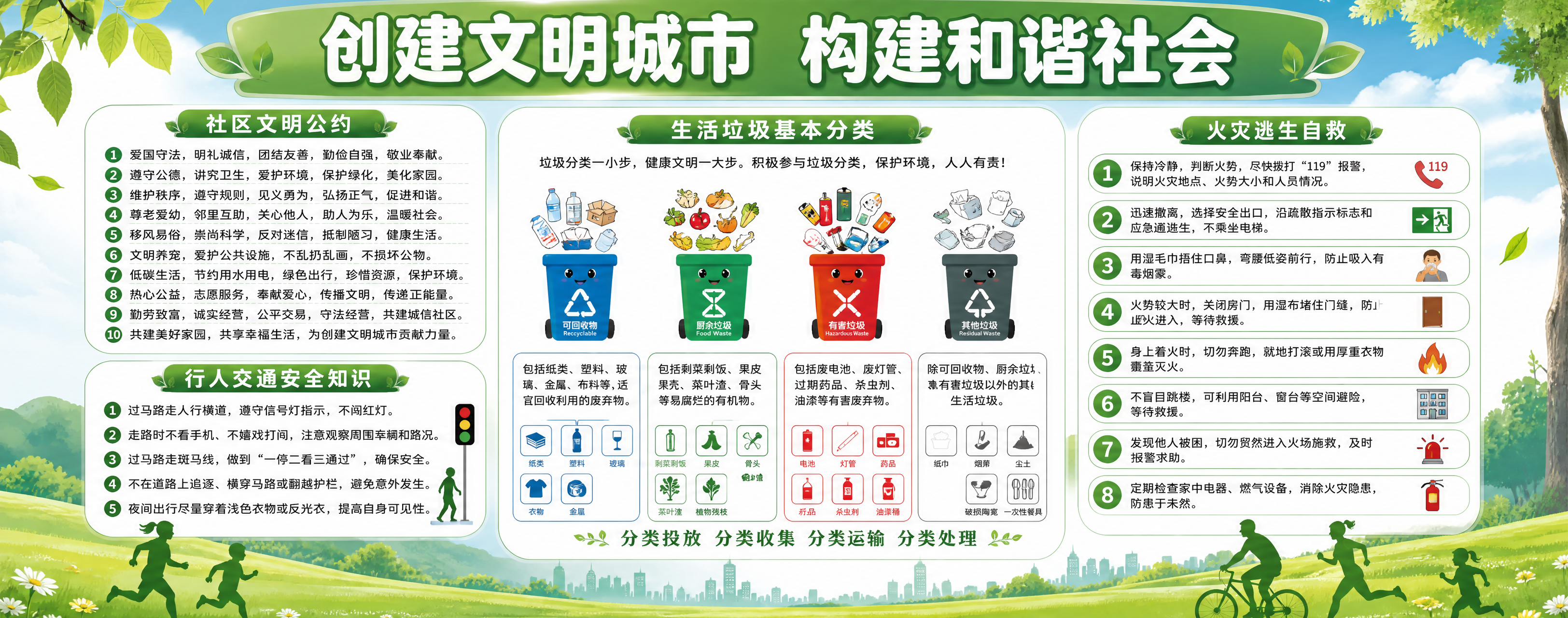 参考图的绿色清新自然设计风格，制作第一张文明创建宣传栏。整体风… - 图片创意预览
