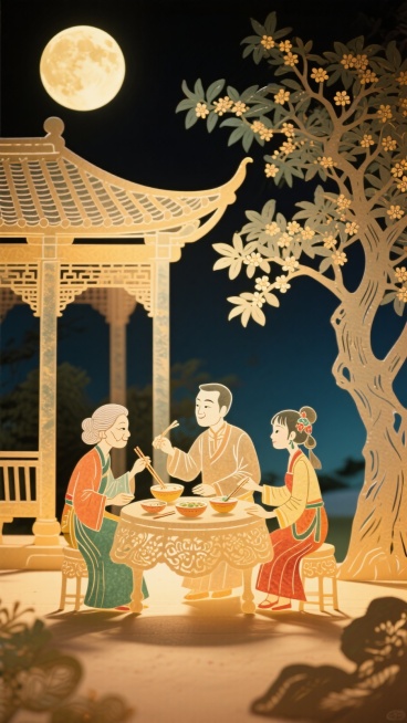 中秋节一家四口（奶奶、爸爸、妈妈、小女孩）聚在一起在凉亭下面吃饭的场景，旁边巨大的桂花树和一轮圆月，月夜氛围预览效果