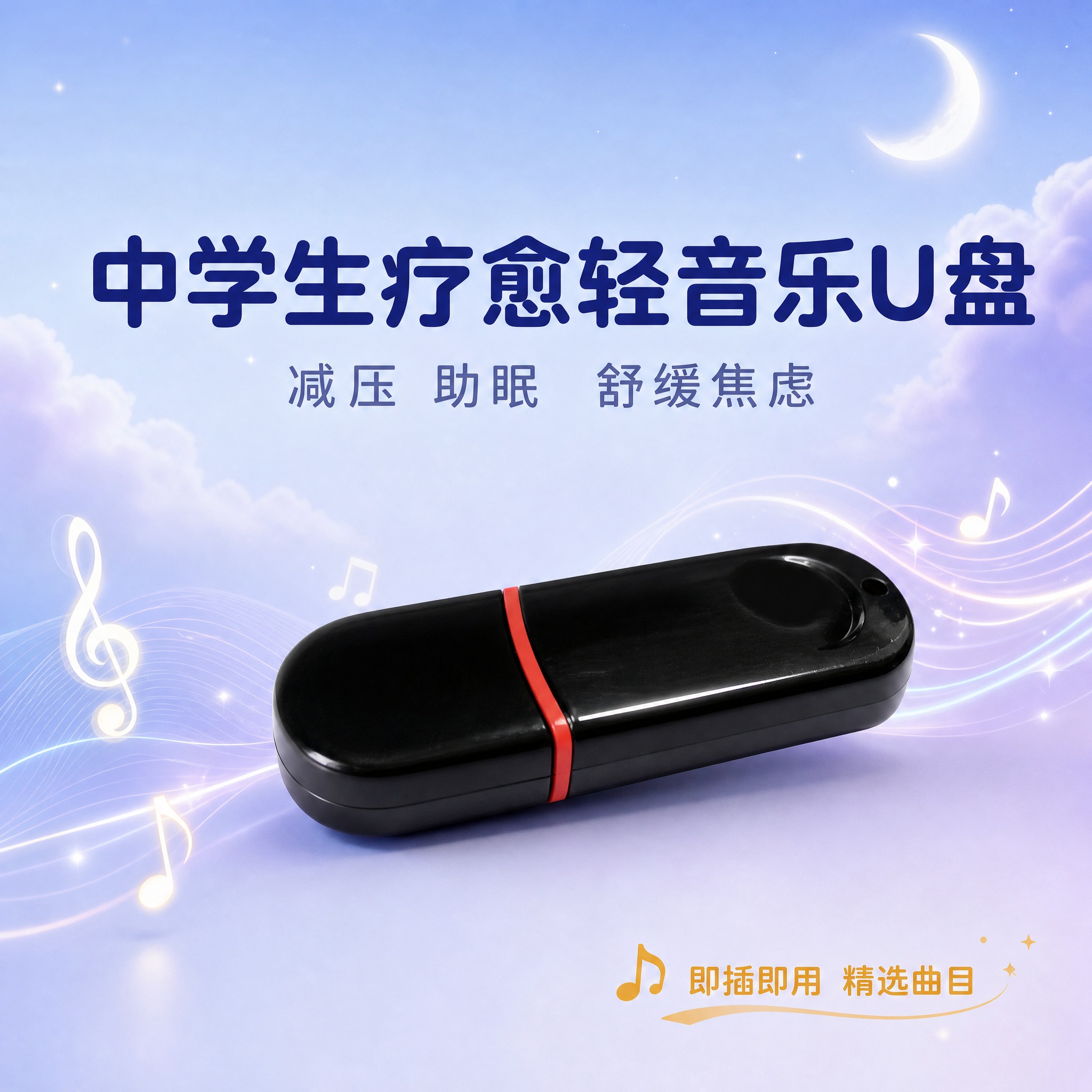 [主图-1] 商品识别与核心利益：疗愈轻音乐U盘中学生减压助眠… - 图片创意预览