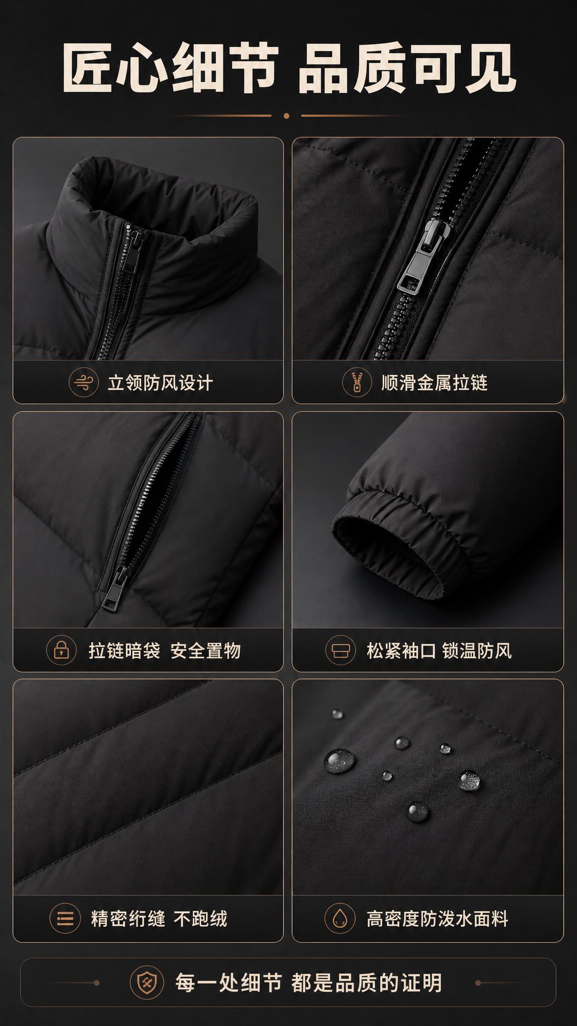 [商品] 使用【图1】男士黑色立领短款羽绒服；商品处理：保留立… - 图片创意预览