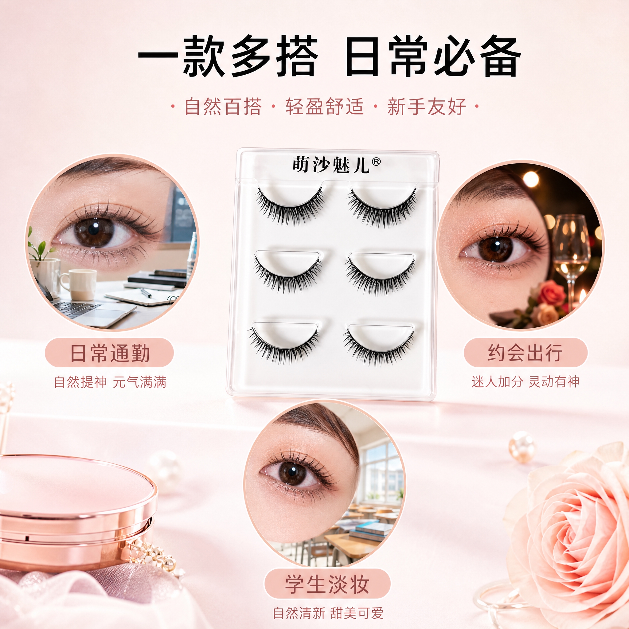 [主图-6] 适用场景展示，展示假睫毛在日常通勤、约会、淡妆等… - 图片创意预览