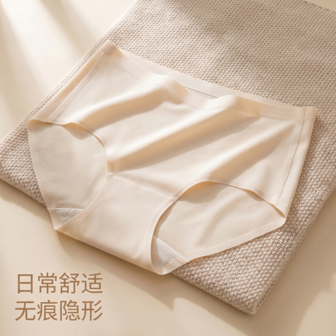 [主图 6] 产品整体平铺展示，强调穿着体验。[氛围风格] 温馨舒适治愈风；[画质] 商业摄影质感，光线柔和通透，产品清晰真实，画面干净高级；[元素] 浅奶杏色冰丝内裤平整铺在米色针织棉垫上，保持产品预览效果