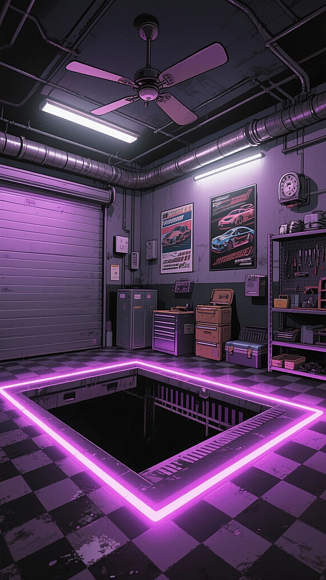 二次元，空车库，高级，细节丰富，紫黑色，氛围是魅惑、下沉，生成2张，不要人，4k