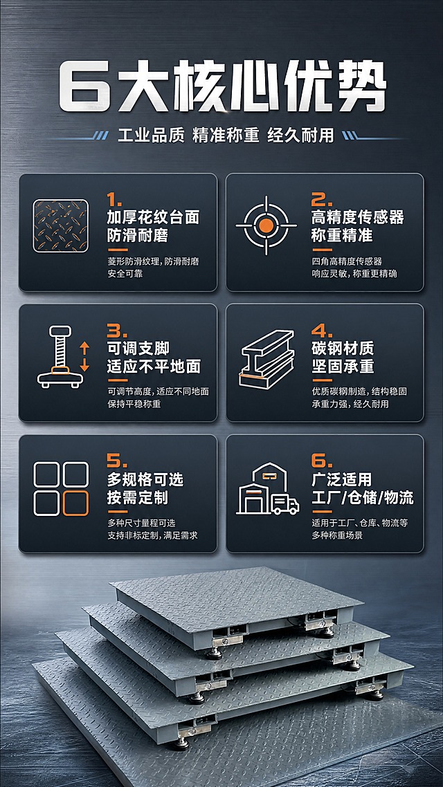 [商品] 使用【图1】【图4】工业电子地磅秤；保留灰色花纹钢板台面、菱形防滑纹理、四角传感器支脚结构、金属底座；产品作为视觉锚点放在画面中部偏下，尺寸适中。
[画面] 目标：核心卖点总览，6大卖点一目了然。构图：竖版9:16，顶部主标题+副标题，中部6个icon卖点卡呈2列×3行排列，底部地磅产品局部展示作信任背书；产品占画面约30%；每个卖点卡含图标+短标题+1行说明；阅读动线自上而下，左右交替。
[视觉] 套系策略：风格=工业风专业商业摄影+电商详情页；标题字=粗黑无衬线工业字体；正文字=简洁无衬线体；主色=冷灰蓝（深灰+浅灰+工业蓝）；背景延展=冷灰蓝渐变+细腻金属拉丝纹理底；强调色=工业橙（仅用于图标和关键词高亮）；标题色=白色/深炭灰；正文色=中灰；组件=圆角深色信息卡、线性工业图标、细分隔线；光影=均匀柔光，信息卡有轻微投影。
[文字] 主标题"6大核心优势"，副标题"工业品质 精准称重 经久耐用"；6个卖点：1."加厚花纹台面 防滑耐磨" 2."高精度传感器 称重精准" 3."可调支脚 适应不平地面" 4."碳钢材质 坚固承重" 5."多规格可选 按需定制" 6."广泛适用 工厂/仓储/物流"；文字全部横向排版，字号保证手机端清晰可读。
[规格] 图片比例9:16竖版，4K，负向提示：避免文字竖排、错字、卖点图标含义不清、产品变形、暖色背景、卡通元素、平台水印。
