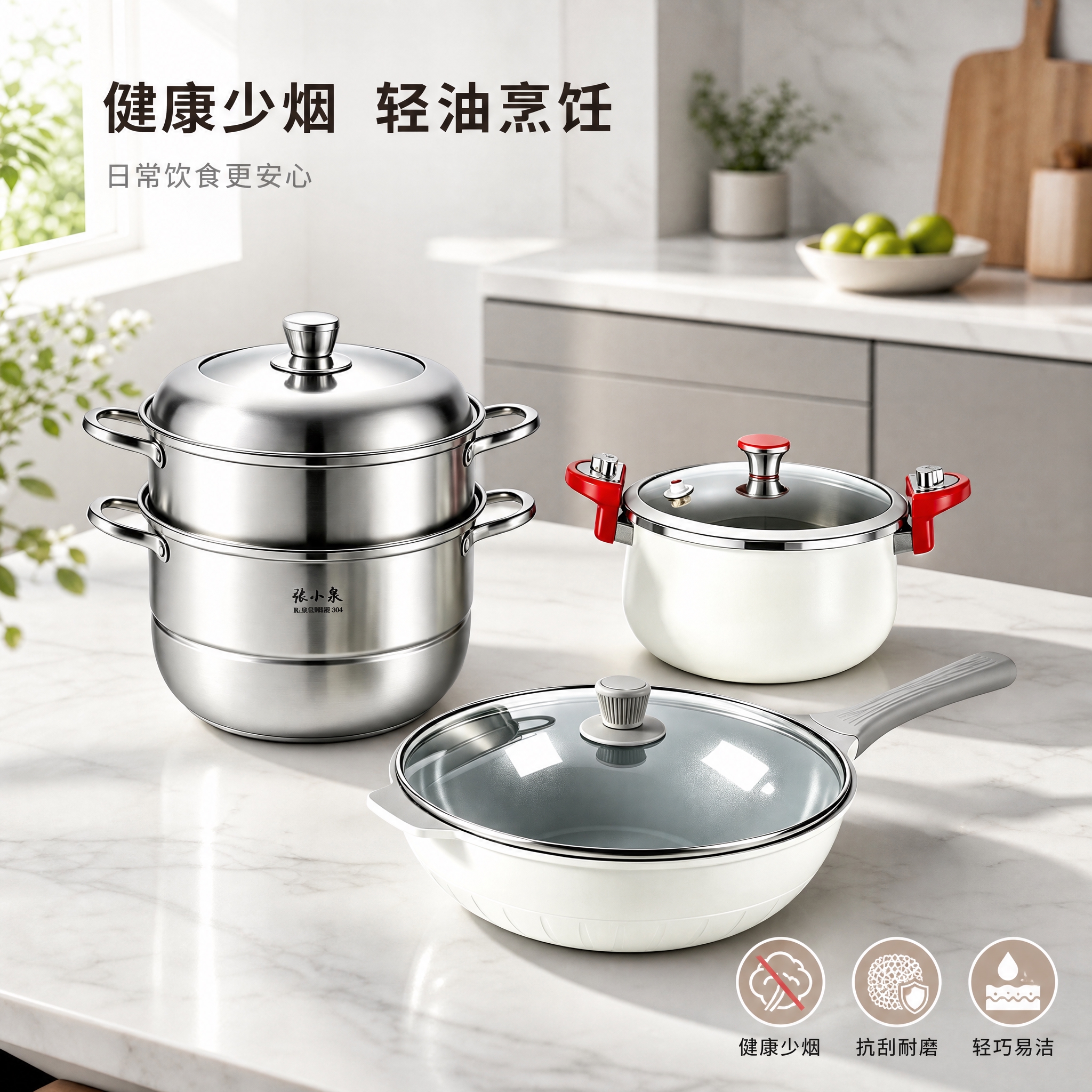 高端厨房锅具套装场景图，1:1正方形。画面主体是一套三件锅具：… - 图片创意预览